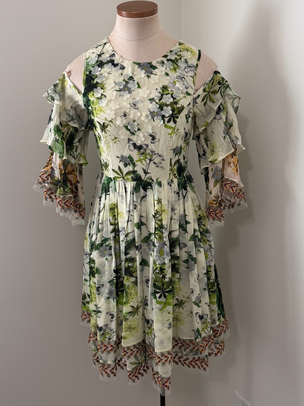 Anthropologie Varun Bahl 0 Petra Open Shoulder Floral Dress Coquette Fairy